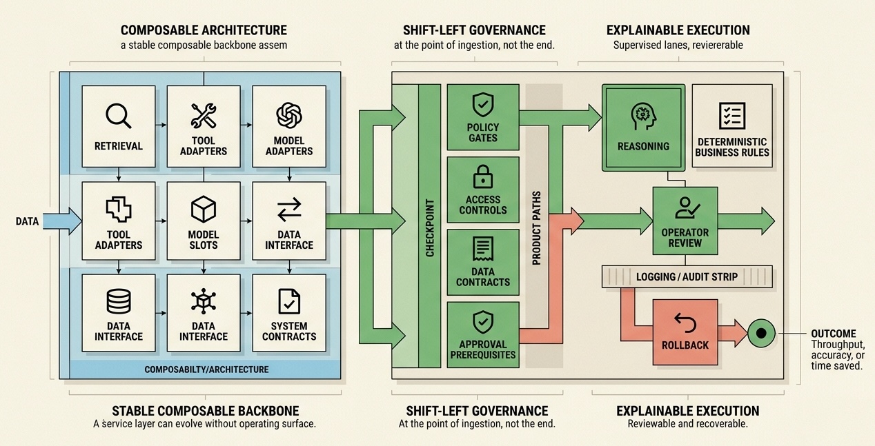 Operating model system board illustration for supervised agentic AI.